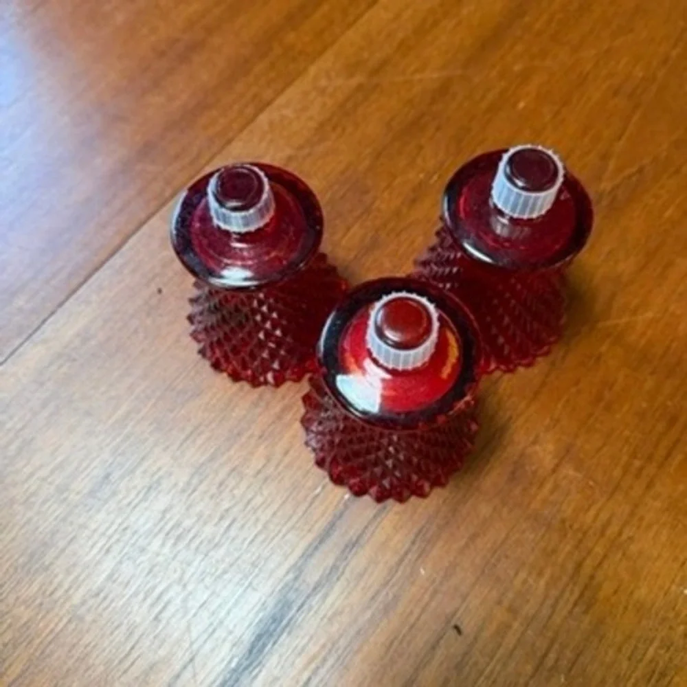 THREE Vintage Ruby Red Glass Hobnail Diamond Point Peg Votive Candle Holders MCM